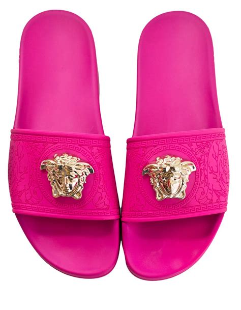 pink versace bling slides|Versace medusa slides.